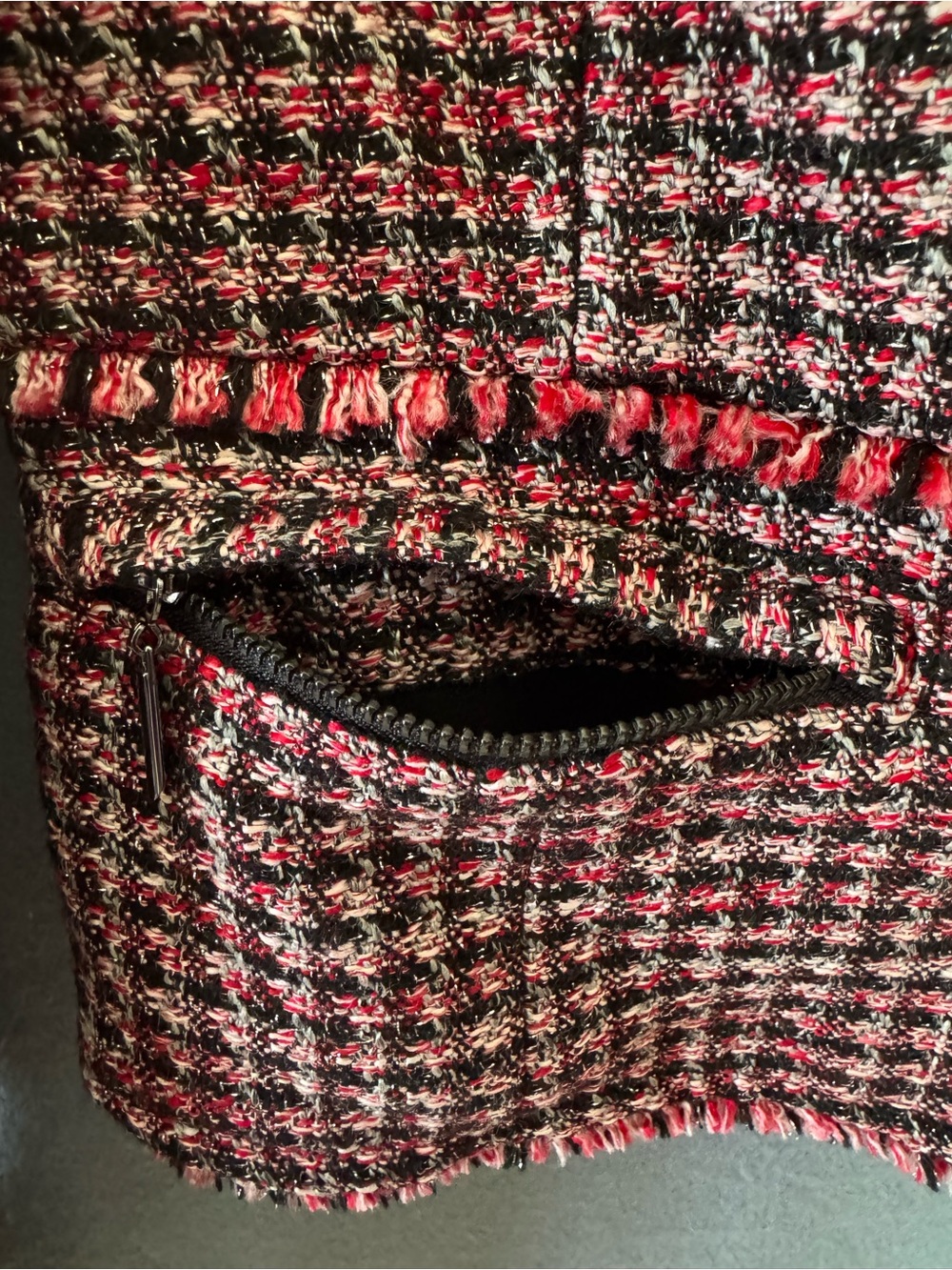 White House Black Market Womens 4 Tweed Moto Jacket Red Black Fringe Metallic - Picture 7 of 14